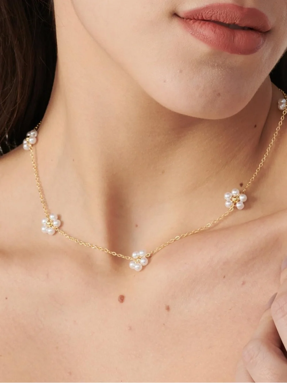 Anthropologie Gold Chain Necklace with Pearl Flower Stations